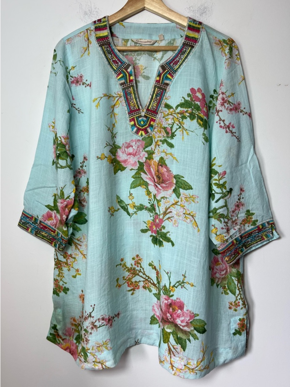 Soft Surroundings Rose Floral Embroidered Southwestern Tunic Top Light Blue Pink